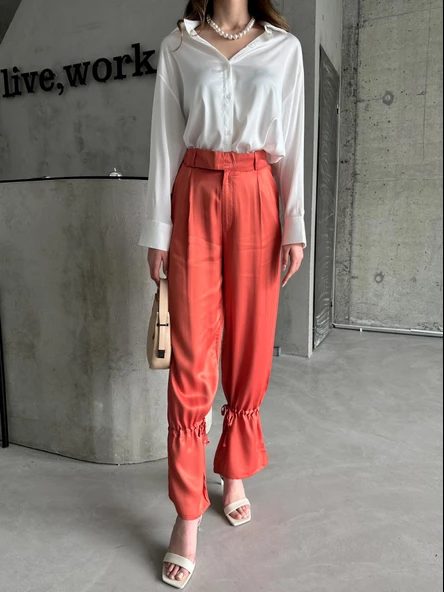 Kiremit Paçası Bağlama Detaylı Saten Pantolon - Resim 2