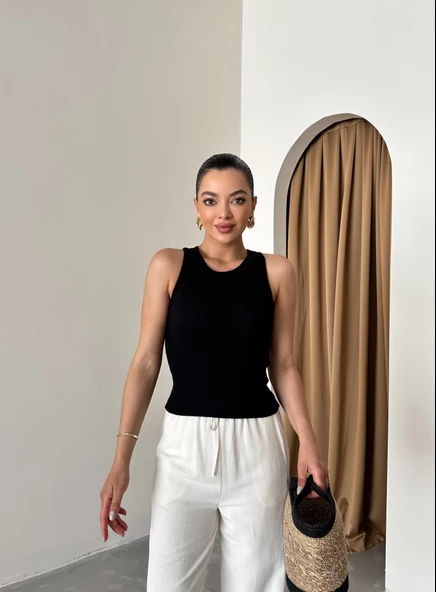 Taş Beli Lastikli Pamuklu Keten Pantolon - 4