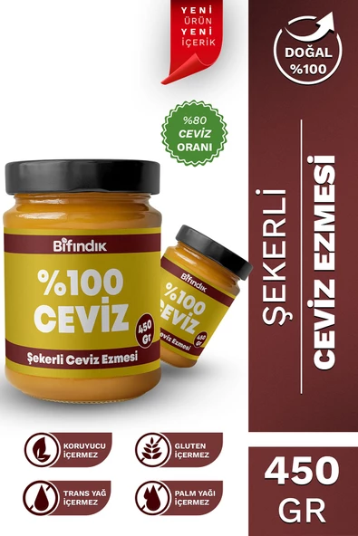 Bi Fındık Şekerli Ceviz Ezmesi Taze Çekim Doğal Sürülebilir Kahvaltılık %80 Ceviz Ezmesi 450 gram