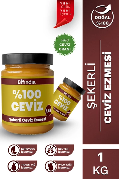 Bi Fındık Şekerli Ceviz Ezmesi Taze Çekim Doğal Sürülebilir Kahvaltılık %80 Ceviz Ezmesi 1 Kilogram