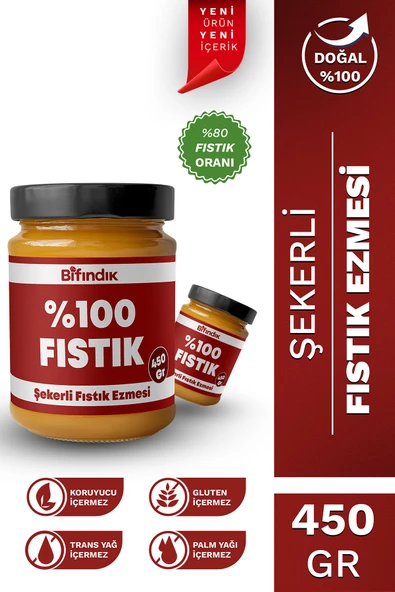 Bi Fındık Şekerli Fıstık Ezmesi Katkısız Taze Çekim Doğal Sürülebilir Kahvaltılık %80 Fıstık 450 gram