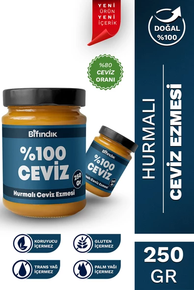 Bi Fındık Hurmalı Ceviz Ezmesi Katkısız Taze Çekim Doğal Sürülebilir Kahvaltılık %80 Ceviz Ezmesi 250 gram