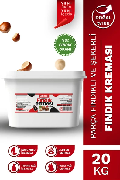 Bi Fındık Doğal Şekerli Fındık Ezmesi Atıştırmalık Kahvaltılık Sürülebilir %80 Fındık %20 Şeker 20 Kg