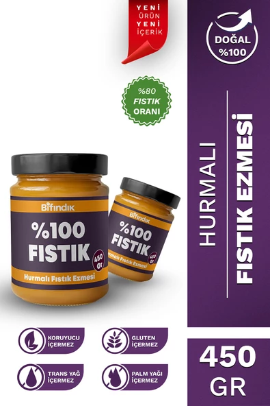 Bi Fındık Hurmalı Fıstık Ezmesi Katkısız Taze Çekim Doğal Sürülebilir Kahvaltılık %80 Fıstık Ezmesi 450 gram