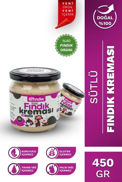 Bi Fındık Doğal Bol Sütlü Fındık Kreması Katkısız Atıştırmalık Kahvaltılık Sürülebilir 450gr Cam Kavanoz