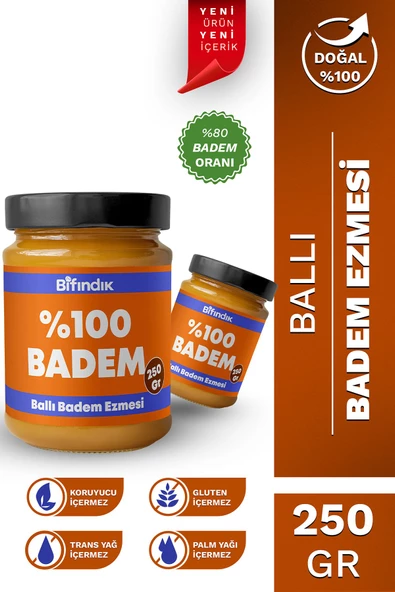 Bi Fındık Ballı Badem Ezmesi Katkısız Taze Çekim Doğal Sürülebilir Kahvaltılık %80 Badem Ezmesi 250 gram