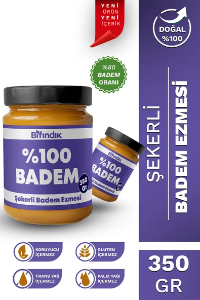 Bi Fındık Şekerli Badem Ezmesi Taze Çekim Doğal Sürülebilir Kahvaltılık %80 Badem Ezmesi 350 gram