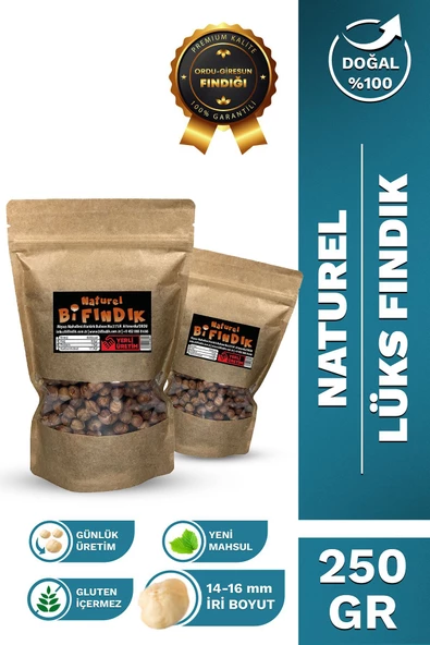 Bi Fındık TUZSUZ NATUREL İÇ FINDIK BÜYÜK BOY FINDIK İÇİ ÇİĞ %100 TAZE LEZZETLİ 1.KALİTE DOYPACK 250 GR