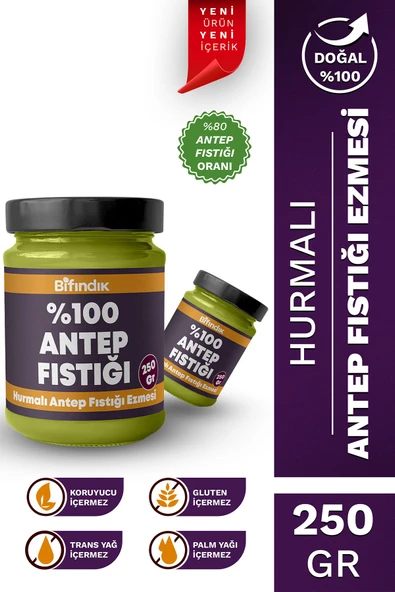 Bi Fındık Hurmalı Antep Fıstığı Ezmesi Katkısız Taze Çekim Doğal Sürülebilir Kahvaltılık %80 Antep 350 gram