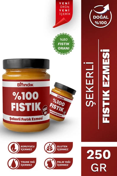 Bi Fındık Şekerli Fıstık Ezmesi Katkısız Taze Çekim Doğal Sürülebilir Kahvaltılık %80 Fıstık 250 gram