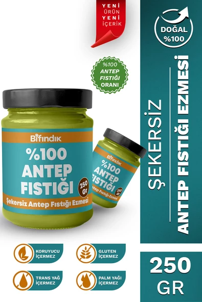 Bi Fındık Şekersiz Antep Fıstığı Ezmesi Katkısız Taze Çekim Doğal Sürülebilir Kahvaltılık %100 Antep 250 gram