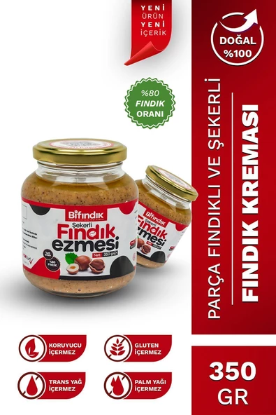 Bi Fındık KAHVALTILIK FINDIK EZMESİ ŞEKERLİ KATKISIZ SÜRÜLEBİLİR DOĞAL%80 FINDIK %20 ŞEKER 350GR