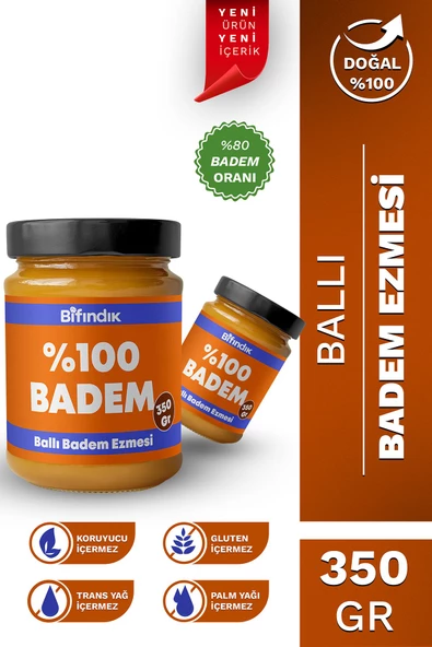 Bi Fındık Ballı Badem Ezmesi Katkısız Taze Çekim Doğal Sürülebilir Kahvaltılık %80 Badem Ezmesi 350 gram