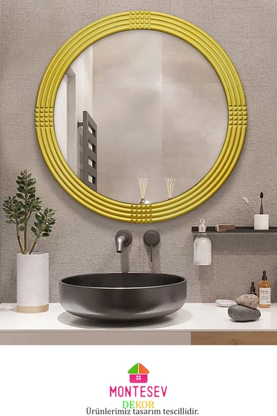 Safir Ahşap Gold Dekoratif Ayna Yuvarlak Ayna Işlemeli Duvar Aynası Banyo Aynası Tekli - 43 Cm