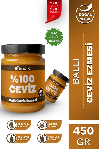 Bi Fındık Ballı Ceviz Ezmesi Katkısız Taze Çekim Doğal Sürülebilir Kahvaltılık %80 Ceviz Ezmesi 450 gram