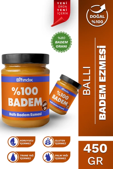 Bi Fındık Ballı Badem Ezmesi Katkısız Taze Çekim Doğal Sürülebilir Kahvaltılık %80 Badem Ezmesi 450 gram