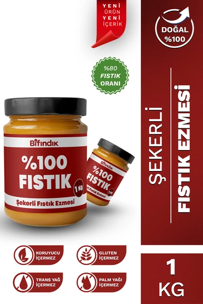 Bi Fındık Şekerli Fıstık Ezmesi Katkısız Taze Çekim Doğal Sürülebilir Kahvaltılık %80 Fıstık 1 Kilogram