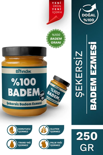 Bi Fındık Şekersiz Badem Ezmesi Katkısız Taze Çekim Doğal Sürülebilir Kahvaltılık %100 Badem Ezmesi 250 gram