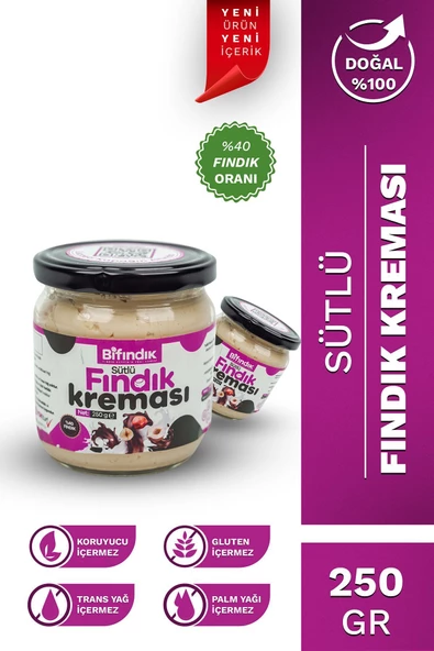 Bi Fındık Doğal Bol Sütlü Fındık Kreması Katkısız Atıştırmalık Kahvaltılık Sürülebilir 250gr Cam Kavanoz