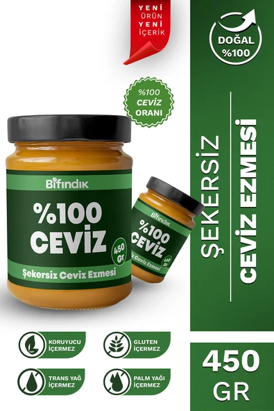 Bi Fındık Şekersiz Ceviz Ezmesi Katkısız Taze Çekim Doğal Sürülebilir Kahvaltılık %100 Ceviz Ezmesi 450 gram