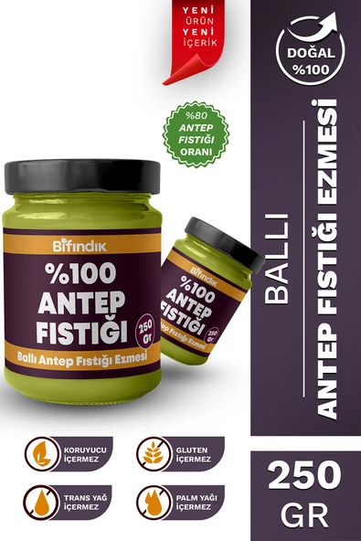 Bi Fındık Ballı Antep Fıstığı Ezmesi Katkısız Taze Çekim Doğal Sürülebilir Kahvaltılık %80 Antep 250 gram