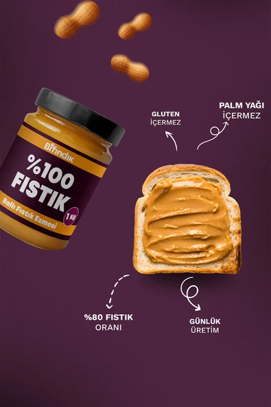 Bi Fındık Ballı Fıstık Ezmesi Katkısız Taze Çekim Doğal Sürülebilir Kahvaltılık %80 Fıstık Ezmesi 1 Kilogram - 2