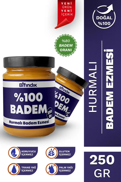 Bi Fındık Hurmalı Badem Ezmesi Katkısız Taze Çekim Doğal Sürülebilir Kahvaltılık %80 Badem Ezmesi 250 gram