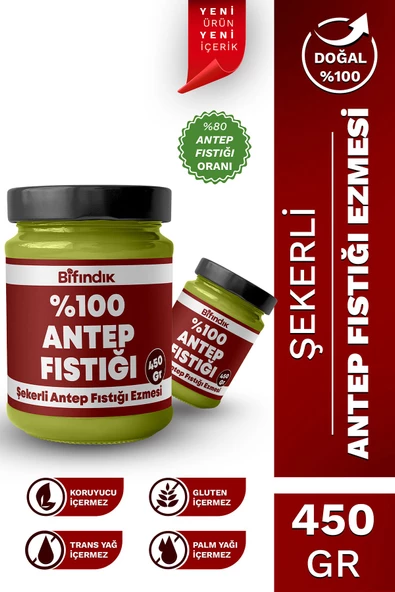 Bi Fındık Şekerli Antep Fıstığı Ezmesi Taze Çekim Doğal Sürülebilir Kahvaltılık %80 Antep 450 gram