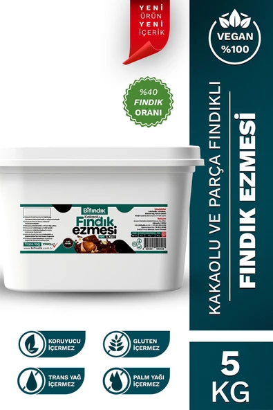Bi Fındık Doğal Kakaolu Parçacıklı Fındık Kreması Katkısız Kahvaltılık Sürülebilir 1.kalite Fındık Ezmesi 5kg
