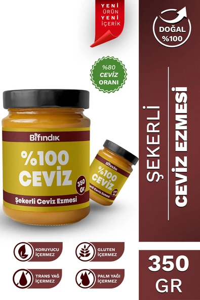Bi Fındık Şekerli Ceviz Ezmesi Taze Çekim Doğal Sürülebilir Kahvaltılık %80 Ceviz Ezmesi 350 gram