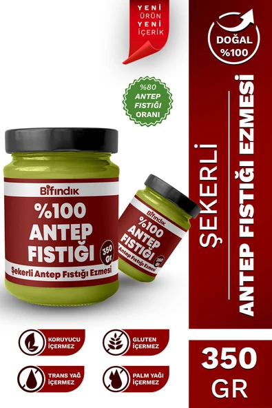 Bi Fındık Şekerli Antep Fıstığı Ezmesi Taze Çekim Doğal Sürülebilir Kahvaltılık %80 Antep 350 gram