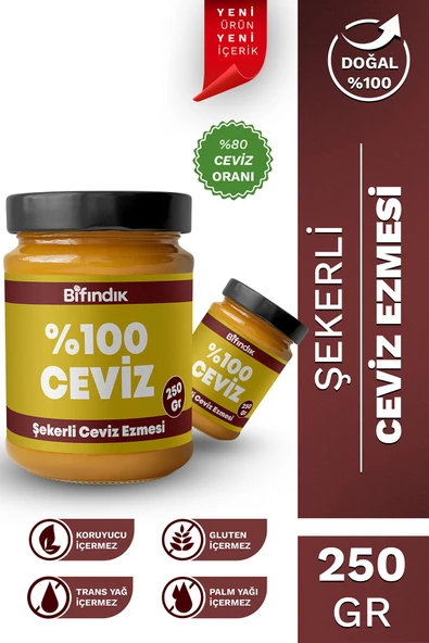 Bi Fındık Şekerli Ceviz Ezmesi Taze Çekim Doğal Sürülebilir Kahvaltılık %80 Ceviz Ezmesi 250 gram