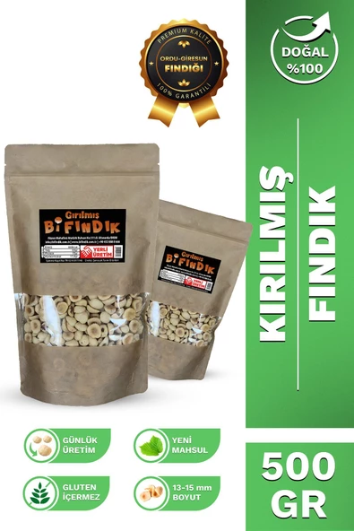 Bi Fındık 1. KALİTE NATUREL İÇ FINDIK KAVRULMUŞ KIRILMIŞ İRİ BOY DOĞAL TAZE YENİ SEZON FINDIK 500GR