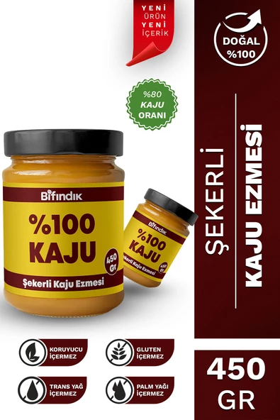 Bi Fındık Şekerli Kaju Ezmesi Taze Çekim Doğal Sürülebilir Kahvaltılık %80 Kaju Ezmesi 450 gram