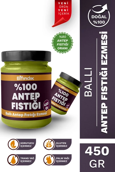 Bi Fındık Ballı Antep Fıstığı Ezmesi Katkısız Taze Çekim Doğal Sürülebilir Kahvaltılık %80 Antep 450 gram