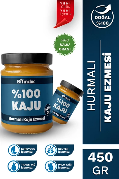Bi Fındık Hurmalı Kaju Ezmesi Katkısız Taze Çekim Doğal Sürülebilir Kahvaltılık %80 Kaju Ezmesi 450 gram