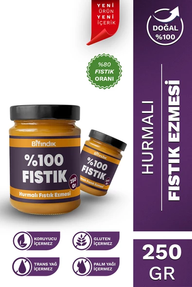 Bi Fındık Hurmalı Fıstık Ezmesi Katkısız Taze Çekim Doğal Sürülebilir Kahvaltılık %80 Fıstık Ezmesi 250 gram