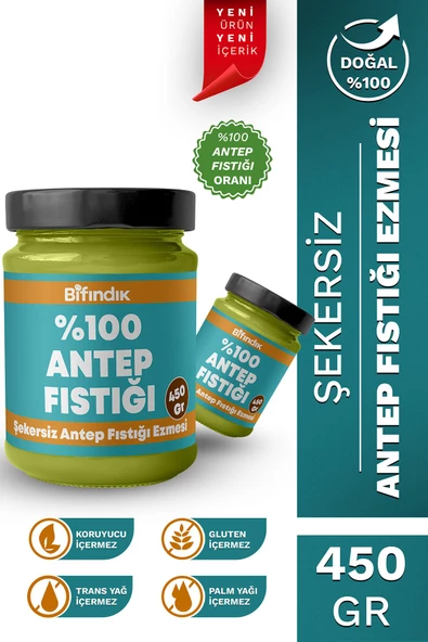 Bi Fındık Şekersiz Antep Fıstığı Ezmesi Katkısız Taze Çekim Doğal Sürülebilir Kahvaltılık %100 Antep 450 gram