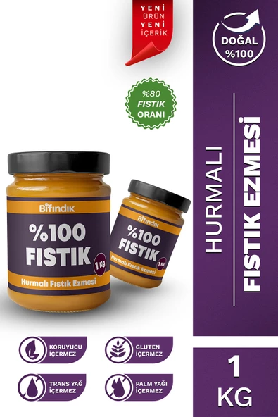 Bi Fındık Hurmalı Fıstık Ezmesi Katkısız Taze Çekim Doğal Sürülebilir Kahvaltılık %80 Fıstık Ezmesi 1 Kilogram