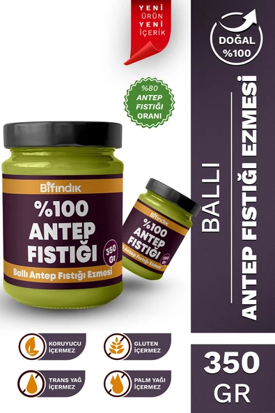 Bi Fındık Ballı Antep Fıstığı Ezmesi Katkısız Taze Çekim Doğal Sürülebilir Kahvaltılık %100 Antep 350 gram