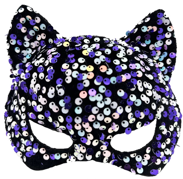 Siyah Kadife Kumaş Üzerine Mor Beyaz Payetli Pullu Parti Maskesi 16x14 Cm ürün görseli