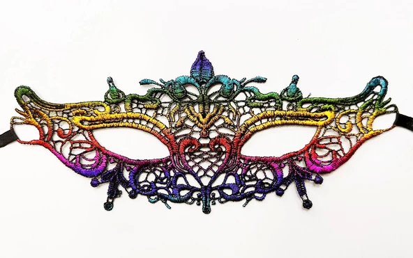 Rengarenk Dantel Kesim Dantel İşlemeli Balo Parti Maskesi Gökkuşağı - Resim 2