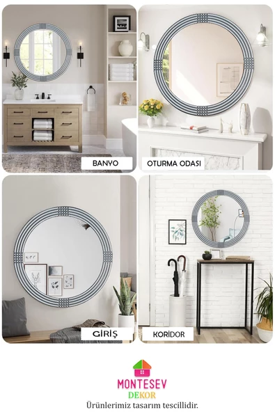 Safir Ahşap  Gümüş Dekoratif Ayna Yuvarlak Ayna Işlemeli Duvar Aynası Banyo Aynası Tekli - 69 Cm - 5