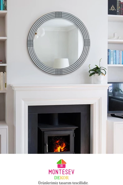 Safir Ahşap Gümüş Dekoratif Ayna Yuvarlak Ayna Işlemeli Duvar Aynası Banyo Aynası Tekli - 43 Cm - 4