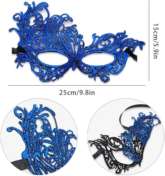 Mavi Renk Dantel Kesim Dantel İşlemeli Balo Parti Maskesi - Resim 2
