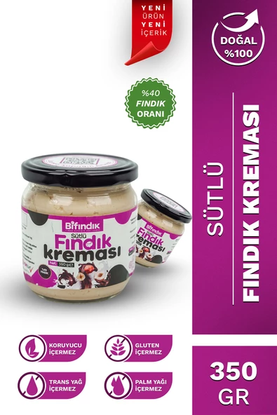 Bi Fındık Doğal Bol Sütlü Fındık Kreması Katkısız Atıştırmalık Kahvaltılık Sürülebilir 350gr Cam Kavanoz