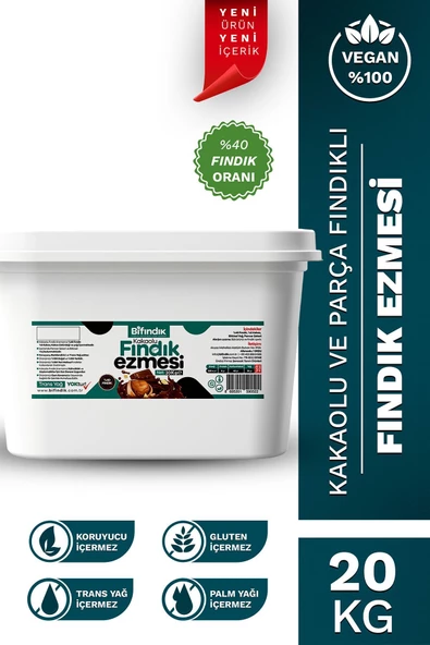 Bi Fındık Doğal Kakaolu Parçacıklı Fındık Kreması Katkısız Kahvaltılık Sürülebilir 1.kalite Fındık Ezmesi 20kg
