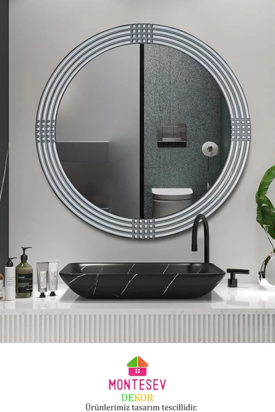 Safir Ahşap Gümüş Dekoratif Ayna Yuvarlak Ayna Işlemeli Duvar Aynası Banyo Aynası Tekli - 56 Cm - 3