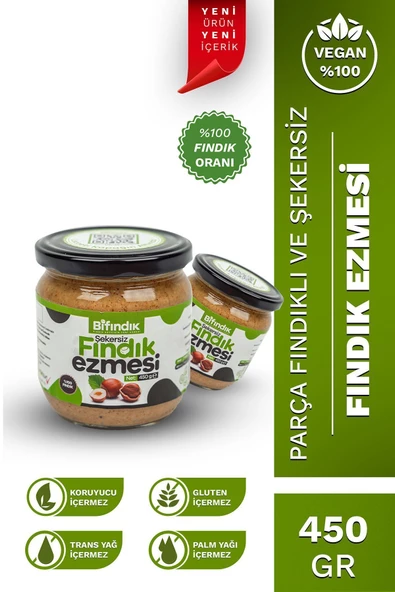 Bi Fındık Doğal Şekersiz Fındık Ezmesi Katkısız Atıştırmalık Kahvaltılık Sürülebilir %100 Fındıklı 450gr