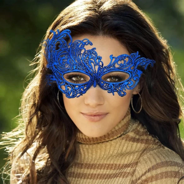 Mavi Renk Dantel Kesim Dantel İşlemeli Balo Parti Maskesi - Resim 3